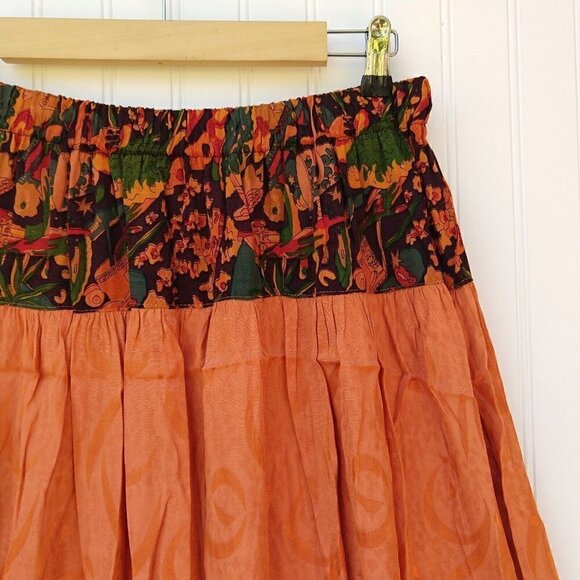Vintage Boho Handmade Midi Skirt Size S Floral Orange Pull On Elastic Waist Fall - Picture 3 of 9
